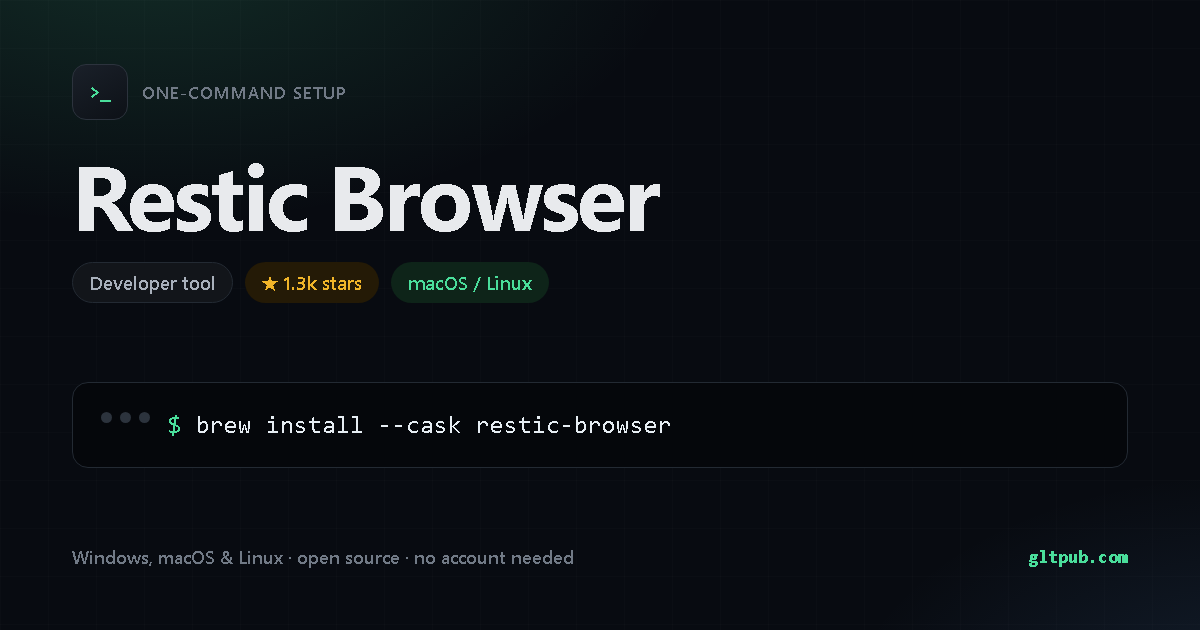 Restic Browser one-command setup card, developer tool, for macOS and Linux, 1.3k stars on the project's repository