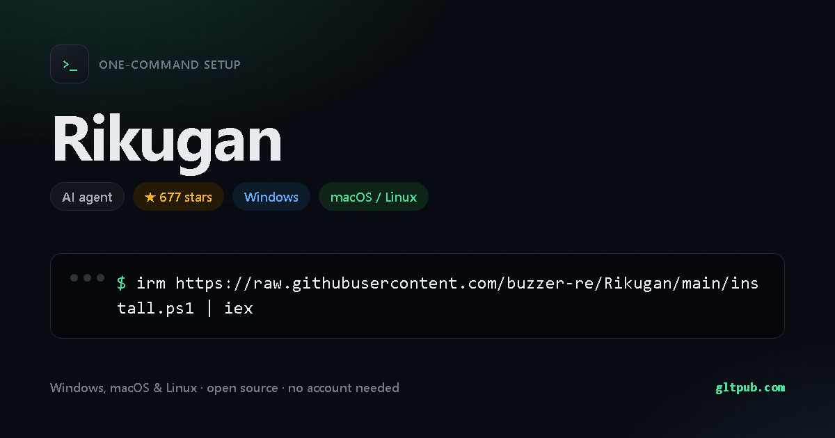 Rikugan one-command setup card, ai agent, for Windows and macOS and Linux, 677 stars on the project's repository