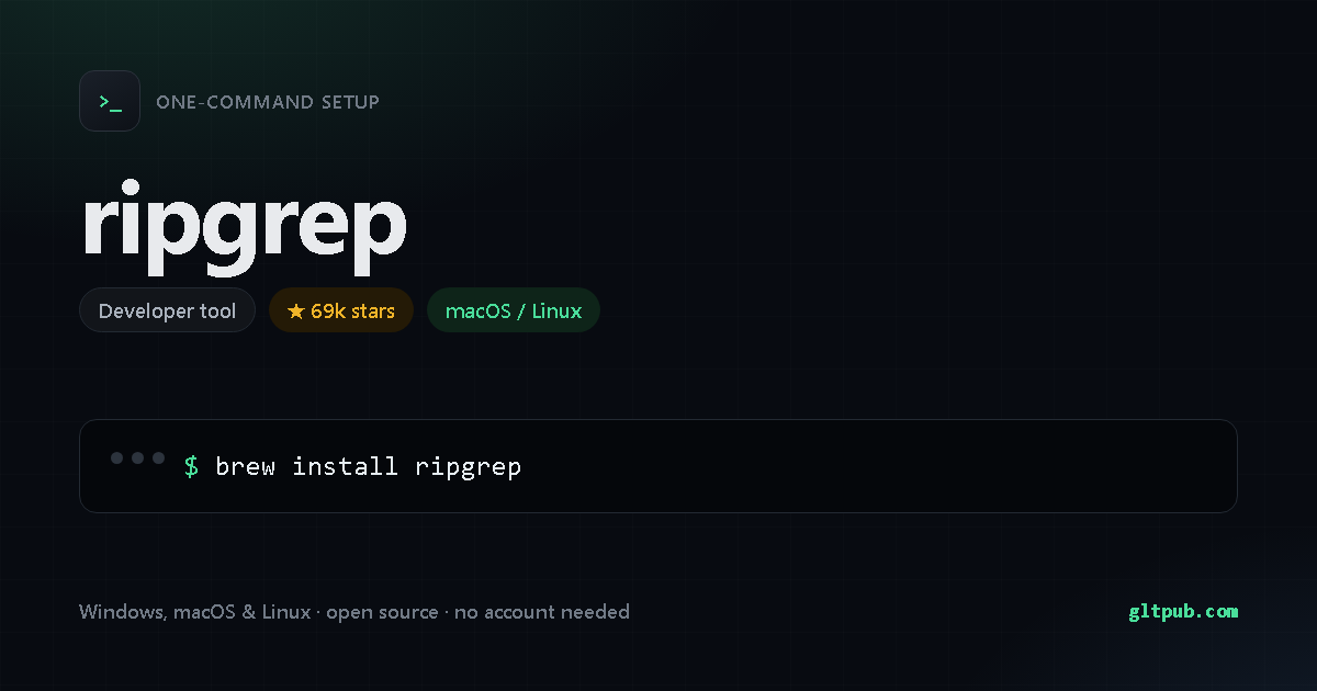 ripgrep one-command setup card, developer tool, for macOS and Linux, 69k stars on the project's repository