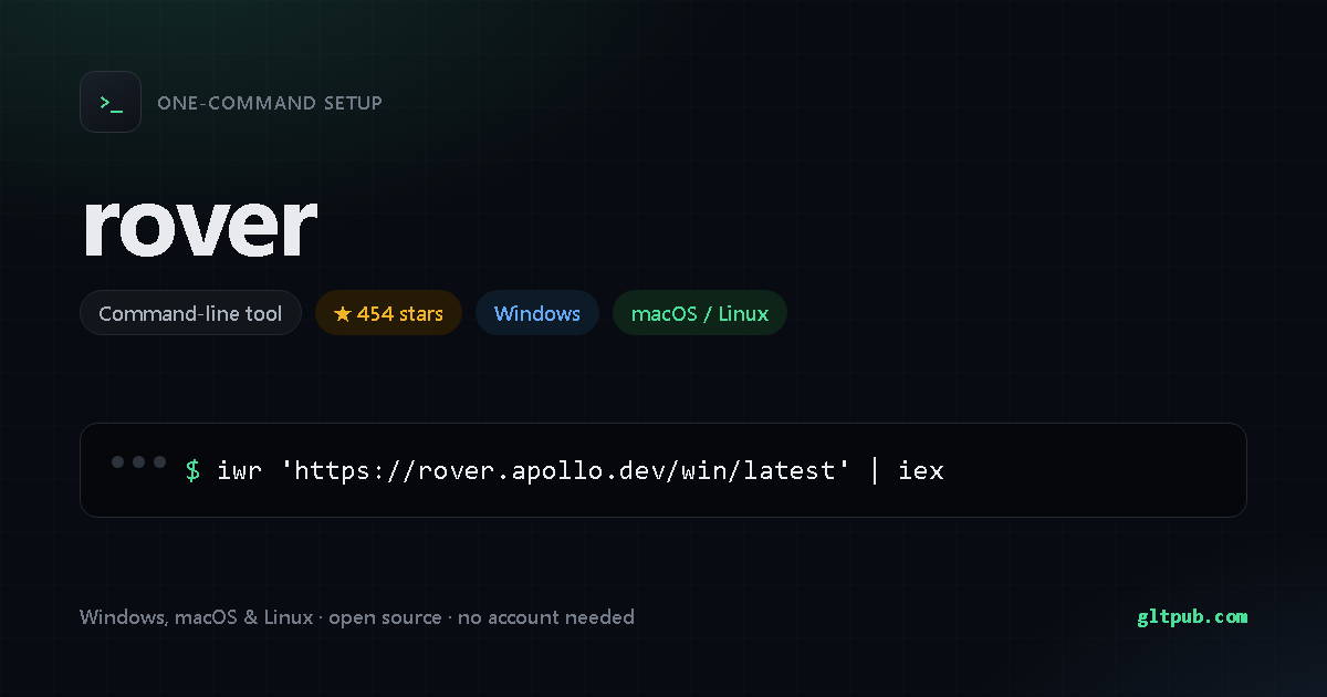 rover one-command setup card, command-line tool, for Windows and macOS and Linux, 454 stars on the project's repository