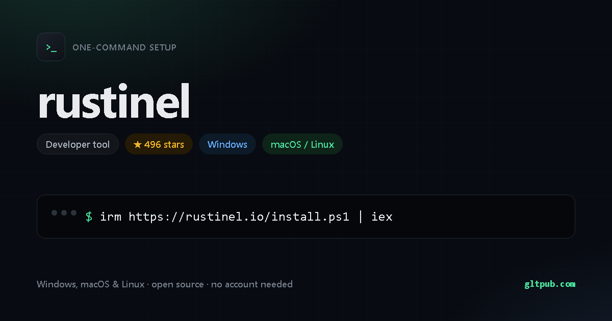 rustinel one-command setup card, developer tool, for Windows and macOS and Linux, 496 stars on the project's repository
