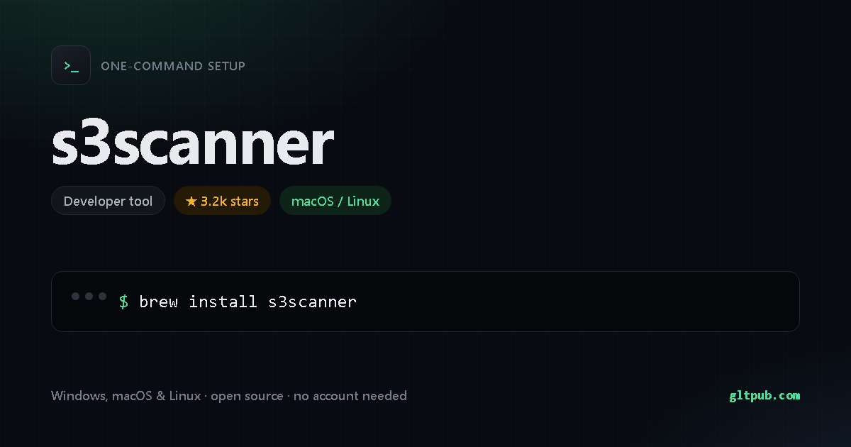 s3scanner one-command setup card, developer tool, for macOS and Linux, 3.2k stars on the project's repository