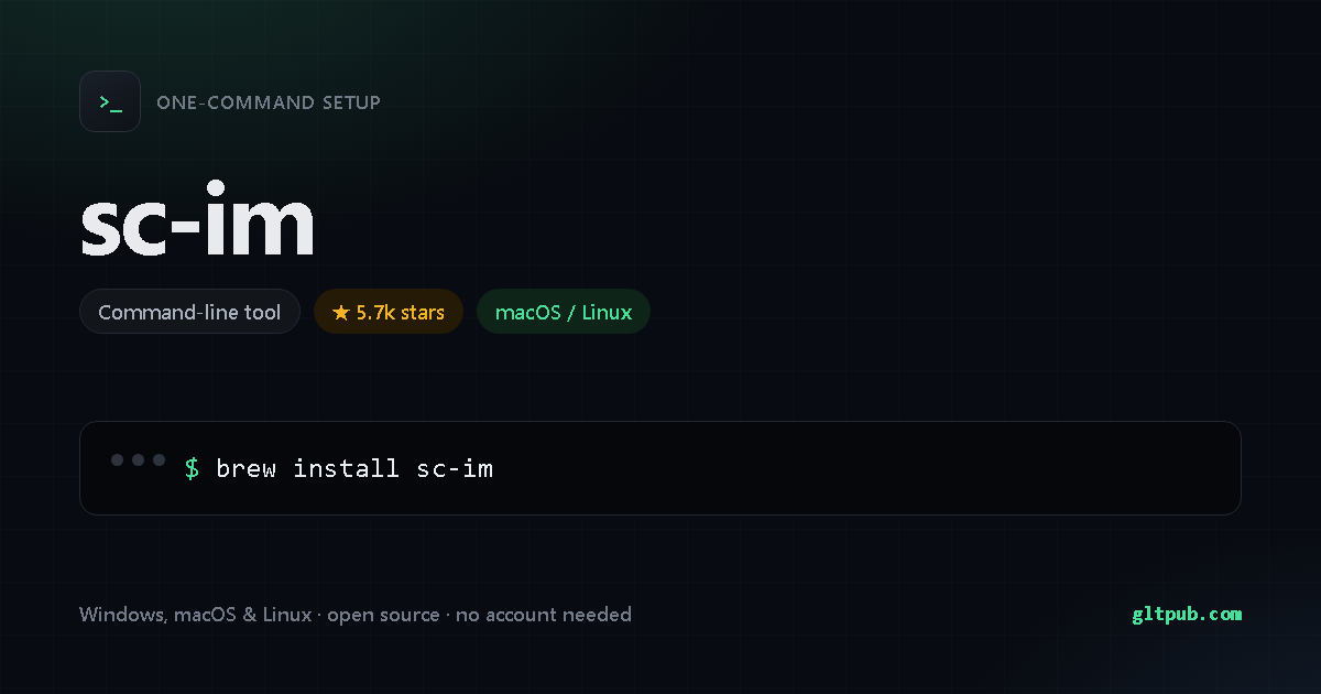 sc-im one-command setup card, command-line tool, for macOS and Linux, 5.7k stars on the project's repository