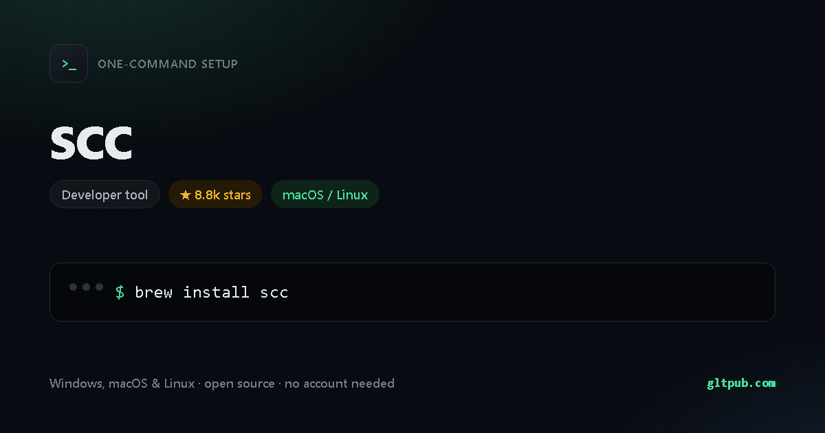 scc one-command setup card, developer tool, for macOS and Linux, 8.8k stars on the project's repository