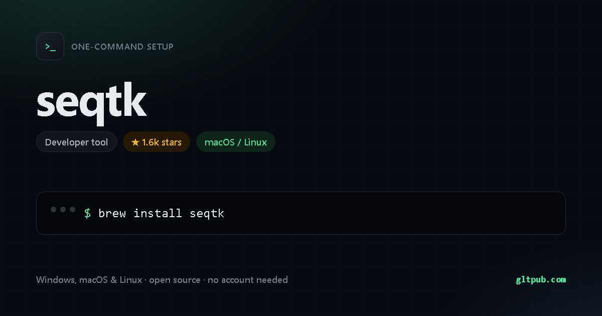 seqtk one-command setup card, developer tool, for macOS and Linux, 1.6k stars on the project's repository