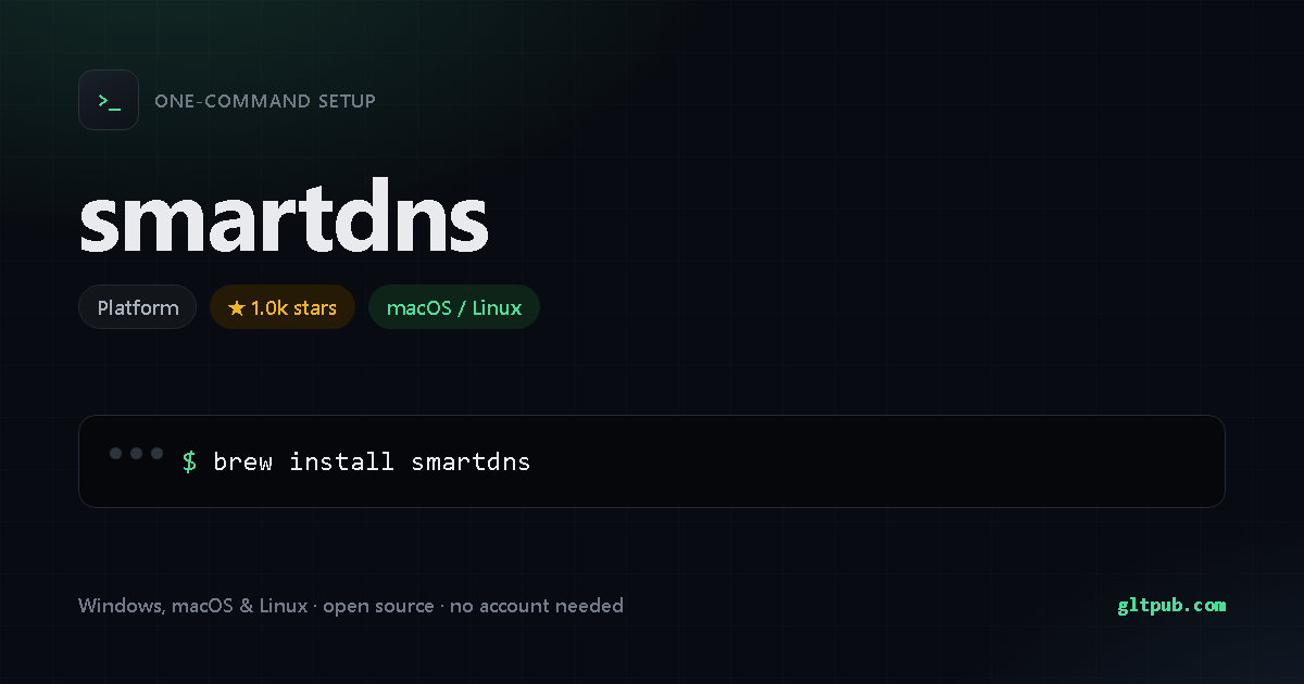 smartdns one-command setup card, platform, for macOS and Linux, 1.0k stars on the project's repository