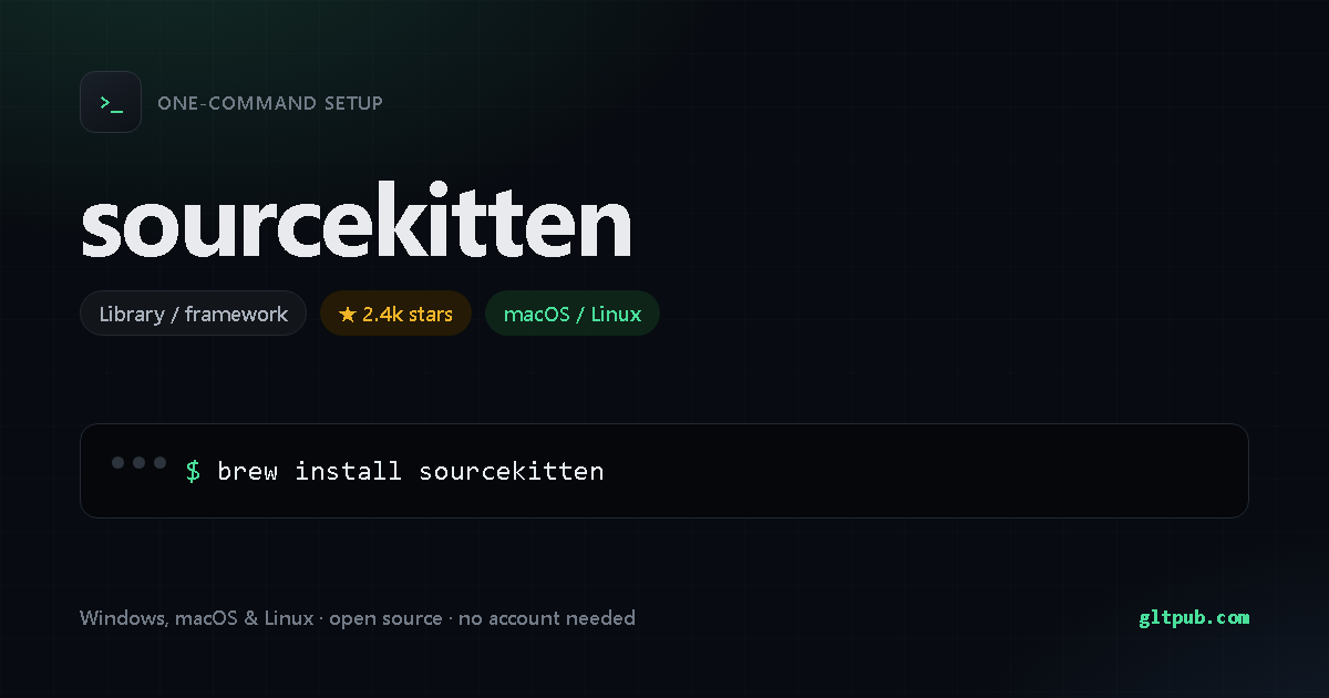 sourcekitten one-command setup card, library / framework, for macOS and Linux, 2.4k stars on the project's repository