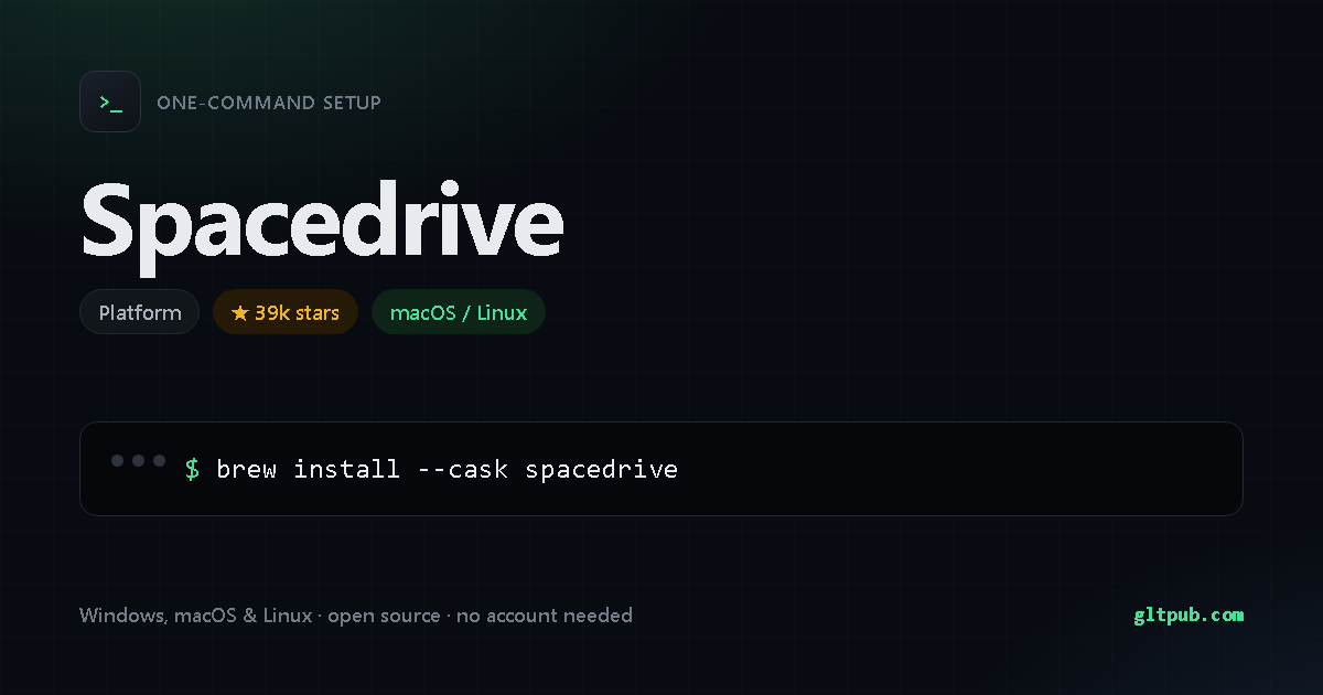 Spacedrive one-command setup card, platform, for macOS and Linux, 39k stars on the project's repository