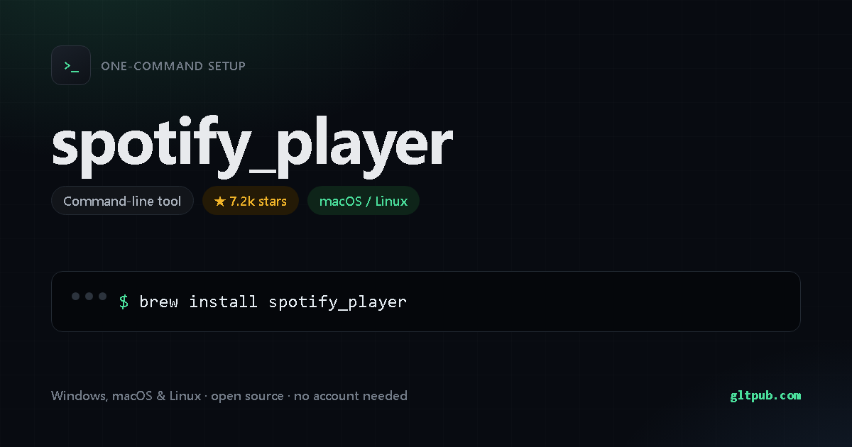 spotify_player one-command setup card, command-line tool, for macOS and Linux, 7.2k stars on the project's repository