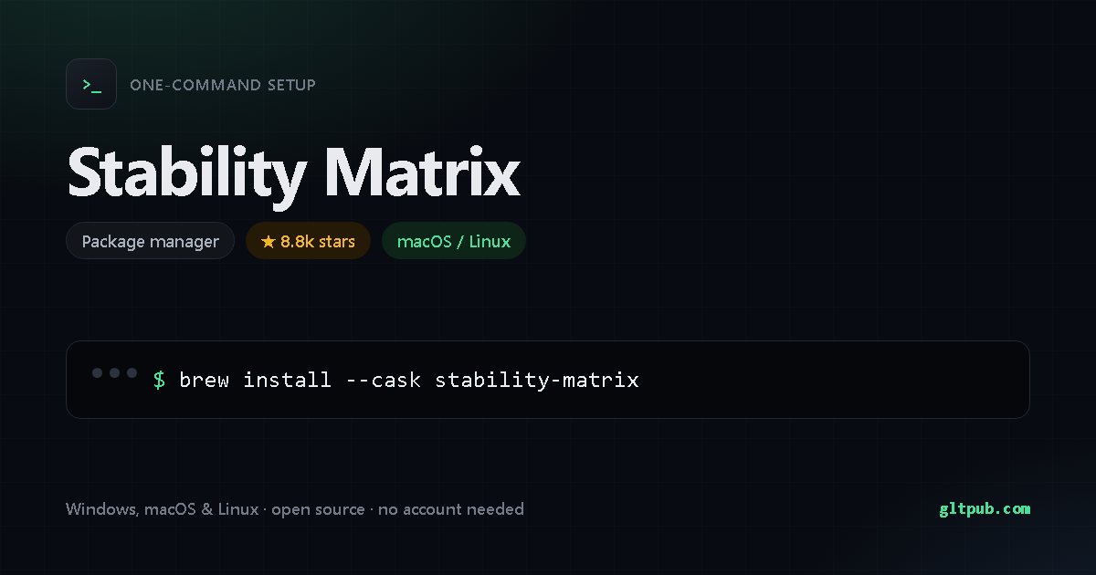 Stability Matrix one-command setup card, package manager, for macOS and Linux, 8.8k stars on the project's repository