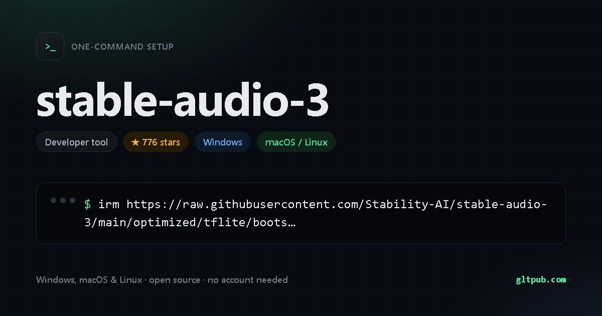 stable-audio-3 one-command setup card, developer tool, for Windows and macOS and Linux, 776 stars on the project's repository