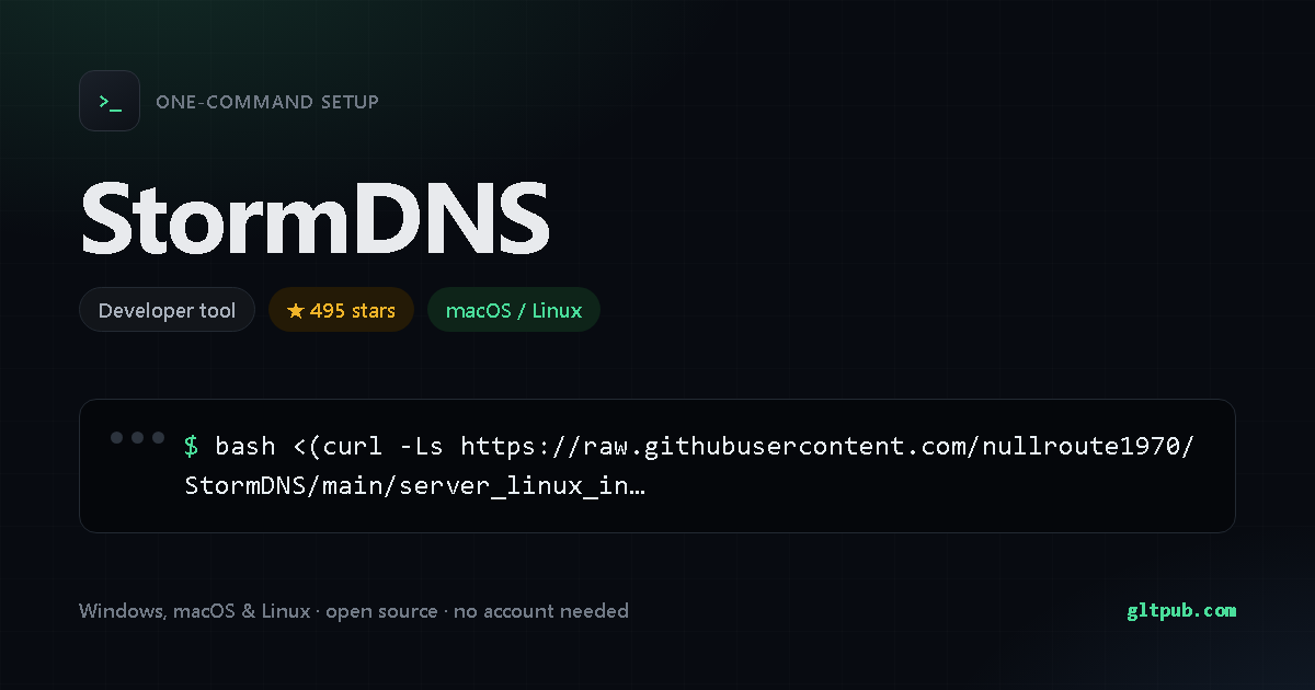 StormDNS one-command setup card, developer tool, for macOS and Linux, 495 stars on the project's repository