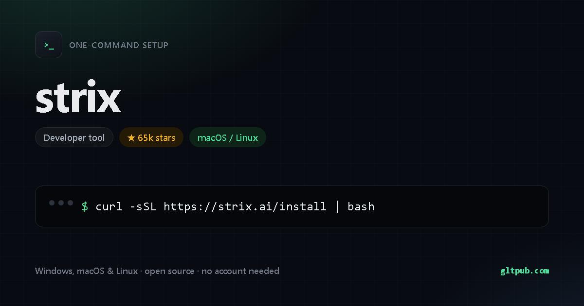 strix one-command setup card, developer tool, for macOS and Linux, 65k stars on the project's repository