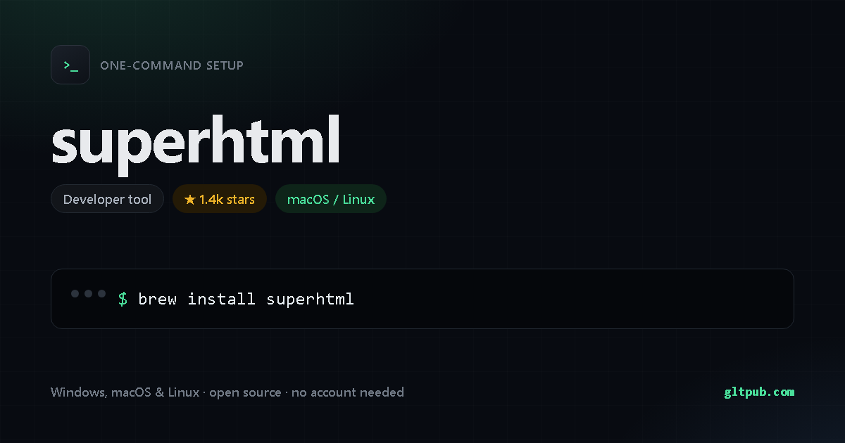 superhtml one-command setup card, developer tool, for macOS and Linux, 1.4k stars on the project's repository