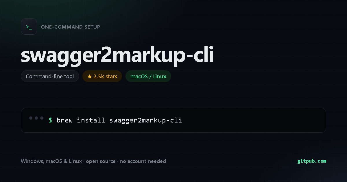 swagger2markup-cli one-command setup card, command-line tool, for macOS and Linux, 2.5k stars on the project's repository