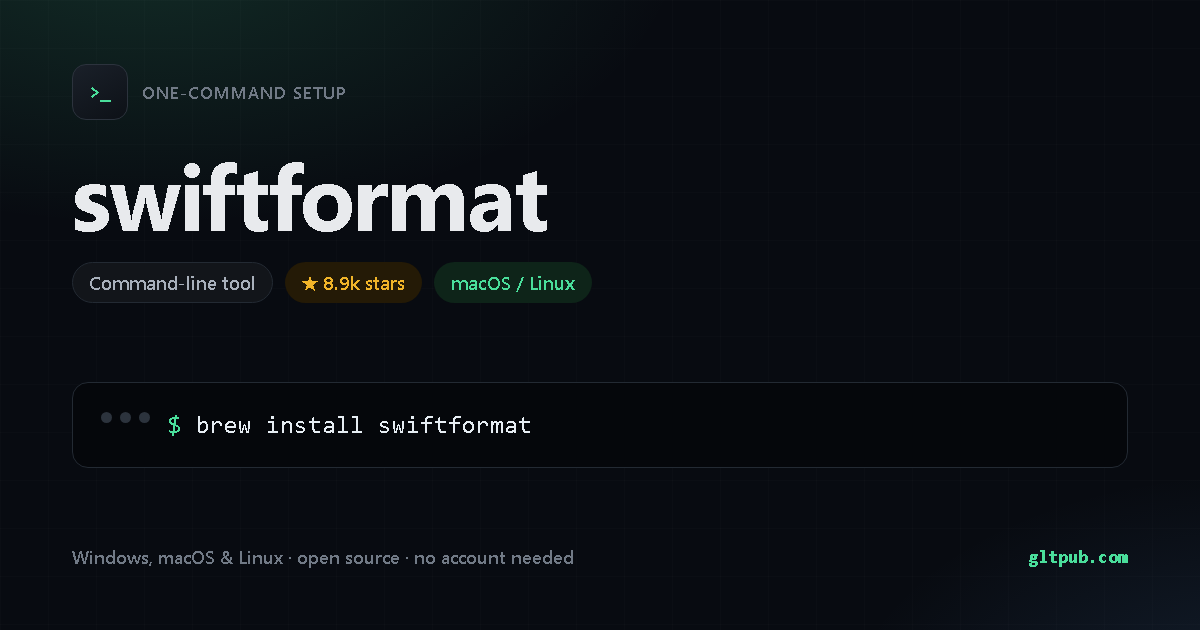 swiftformat one-command setup card, command-line tool, for macOS and Linux, 8.9k stars on the project's repository