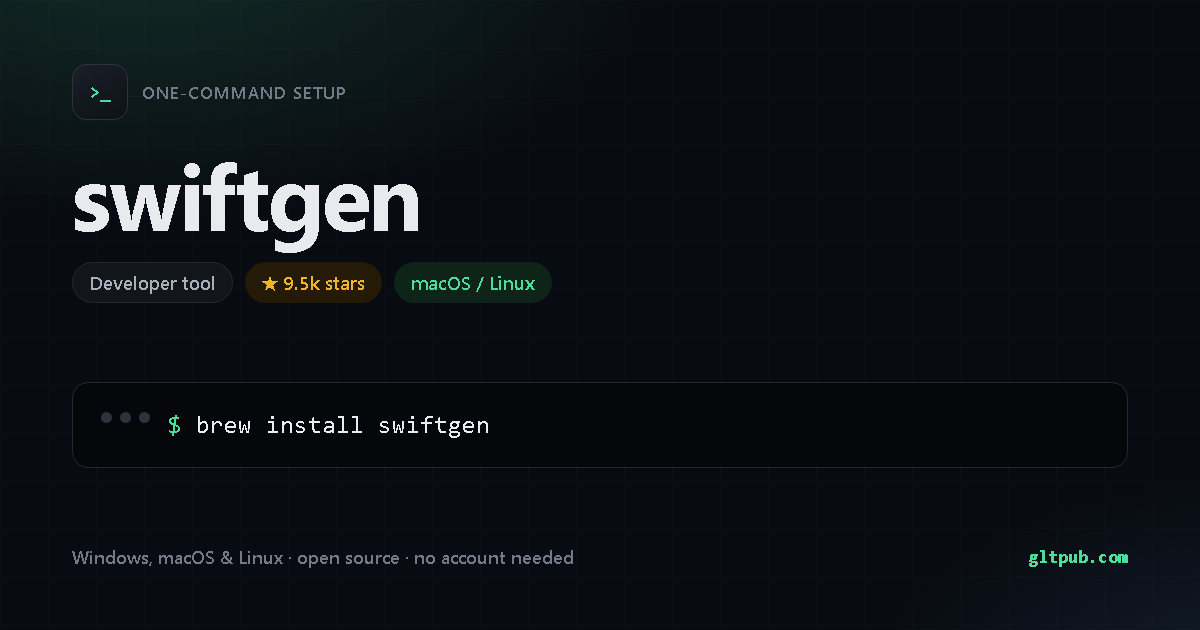 swiftgen one-command setup card, developer tool, for macOS and Linux, 9.5k stars on the project's repository