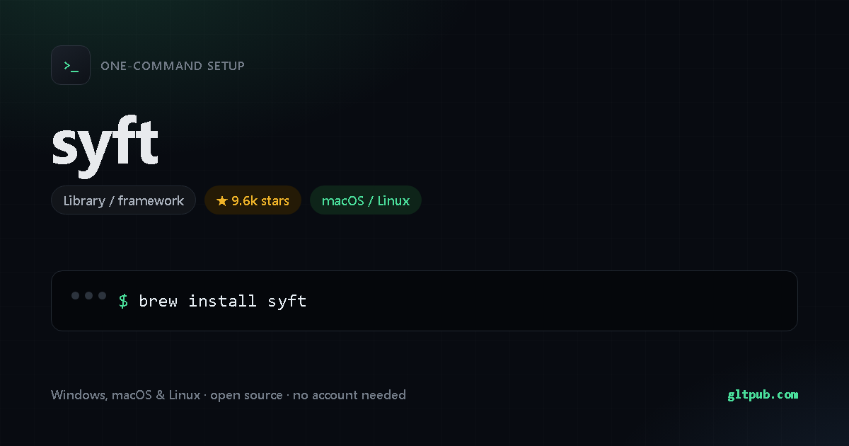 syft one-command setup card, library / framework, for macOS and Linux, 9.6k stars on the project's repository