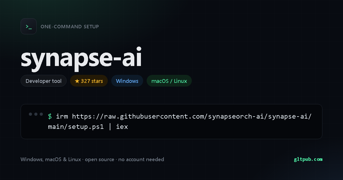 synapse-ai one-command setup card, developer tool, for Windows and macOS and Linux, 327 stars on the project's repository