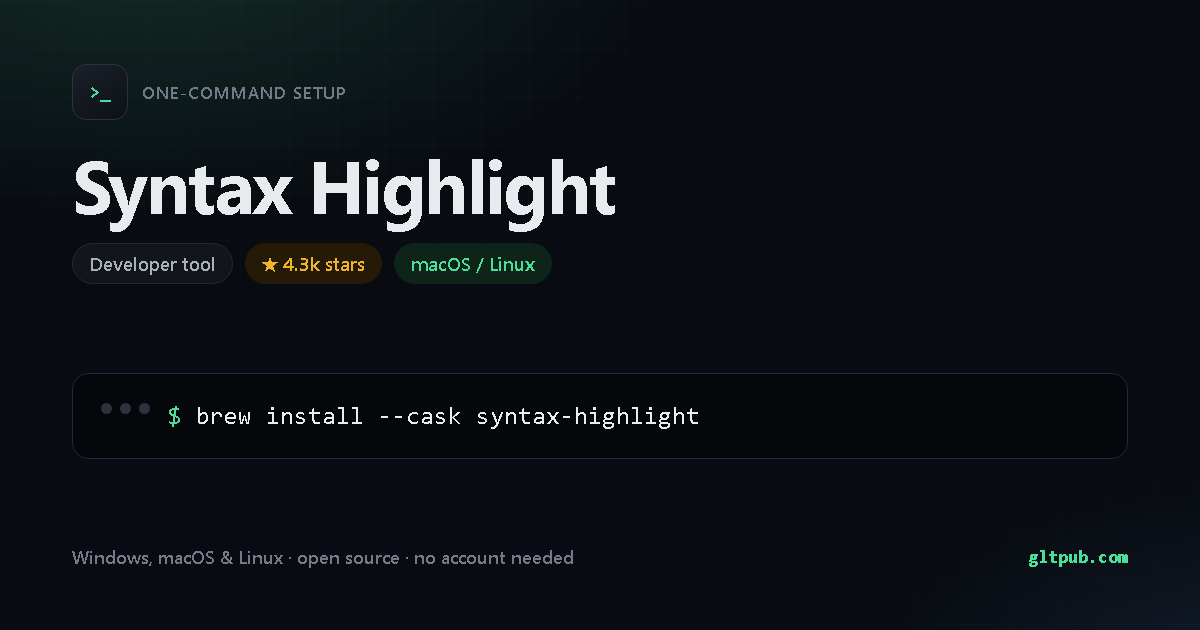 Syntax Highlight one-command setup card, developer tool, for macOS and Linux, 4.3k stars on the project's repository