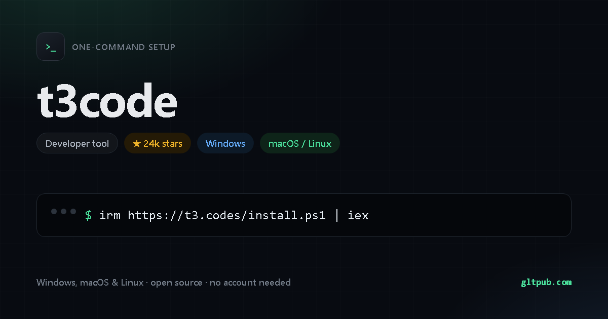 t3code one-command setup card, developer tool, for Windows and macOS and Linux, 24k stars on the project's repository