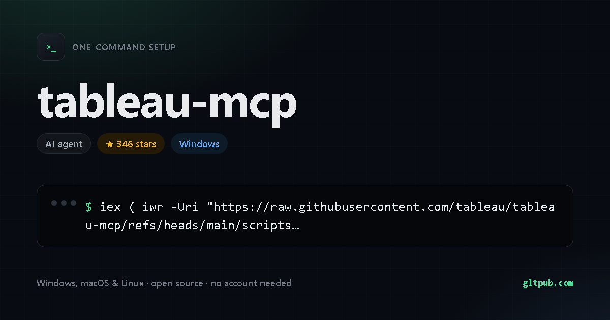tableau-mcp one-command setup card, ai agent, for Windows, 346 stars on the project's repository