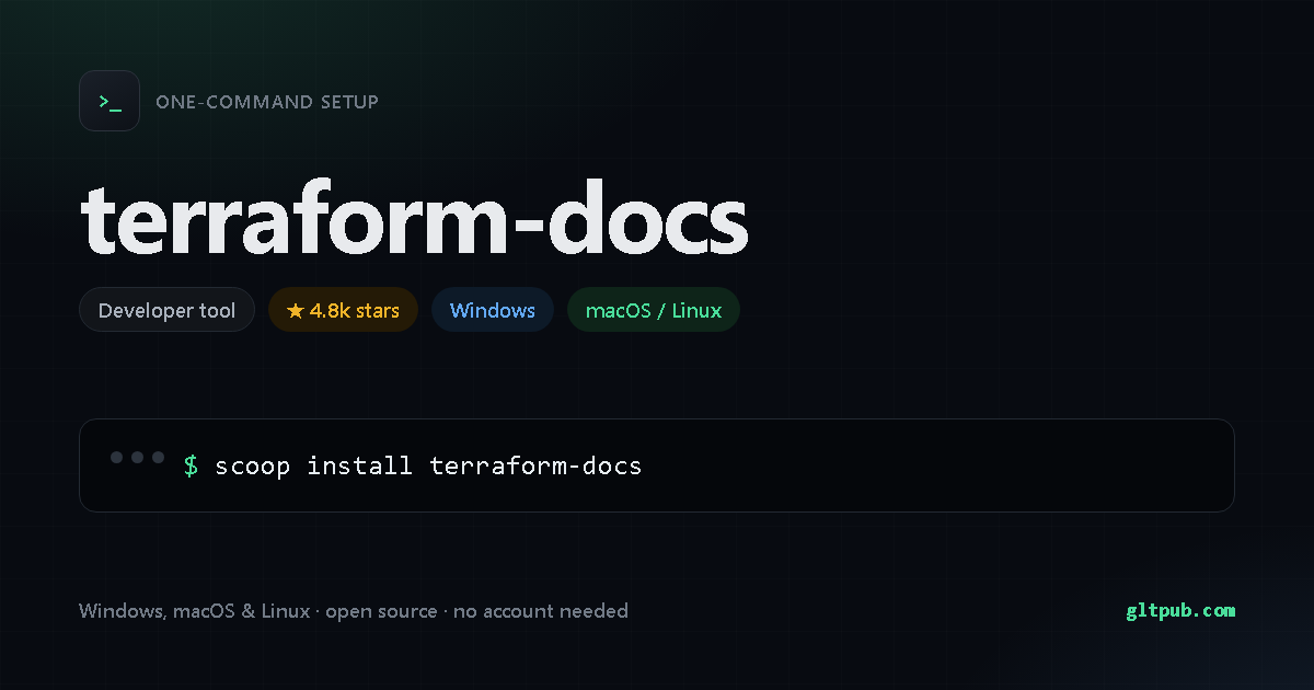 terraform-docs one-command setup card, developer tool, for Windows and macOS and Linux, 4.8k stars on the project's repository