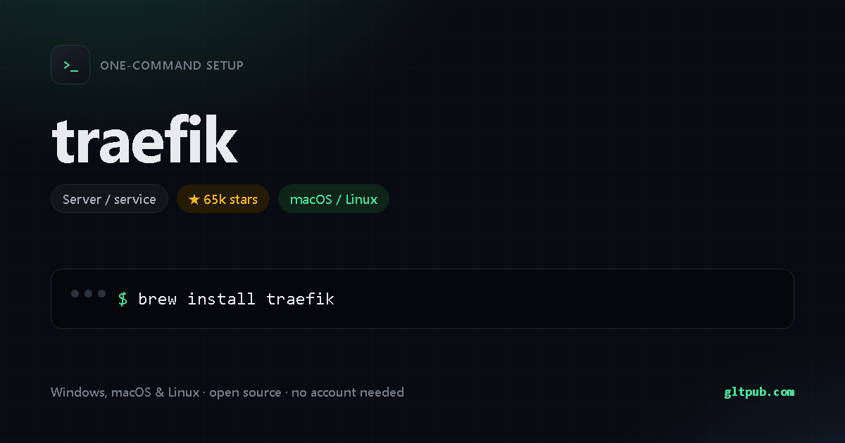 traefik one-command setup card, server / service, for macOS and Linux, 65k stars on the project's repository