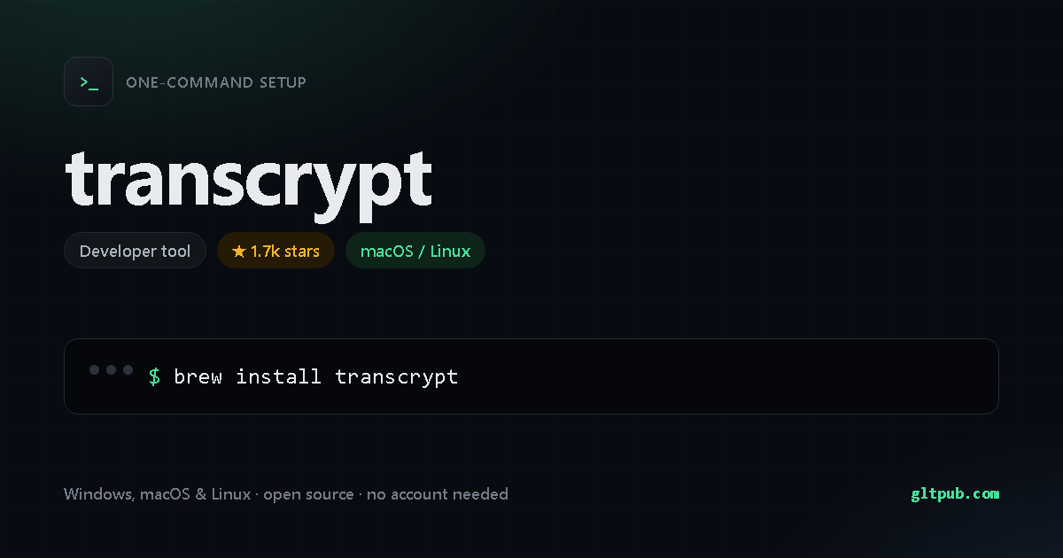 transcrypt one-command setup card, developer tool, for macOS and Linux, 1.7k stars on the project's repository