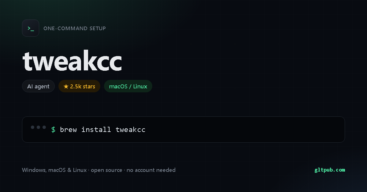 tweakcc one-command setup card, ai agent, for macOS and Linux, 2.5k stars on the project's repository