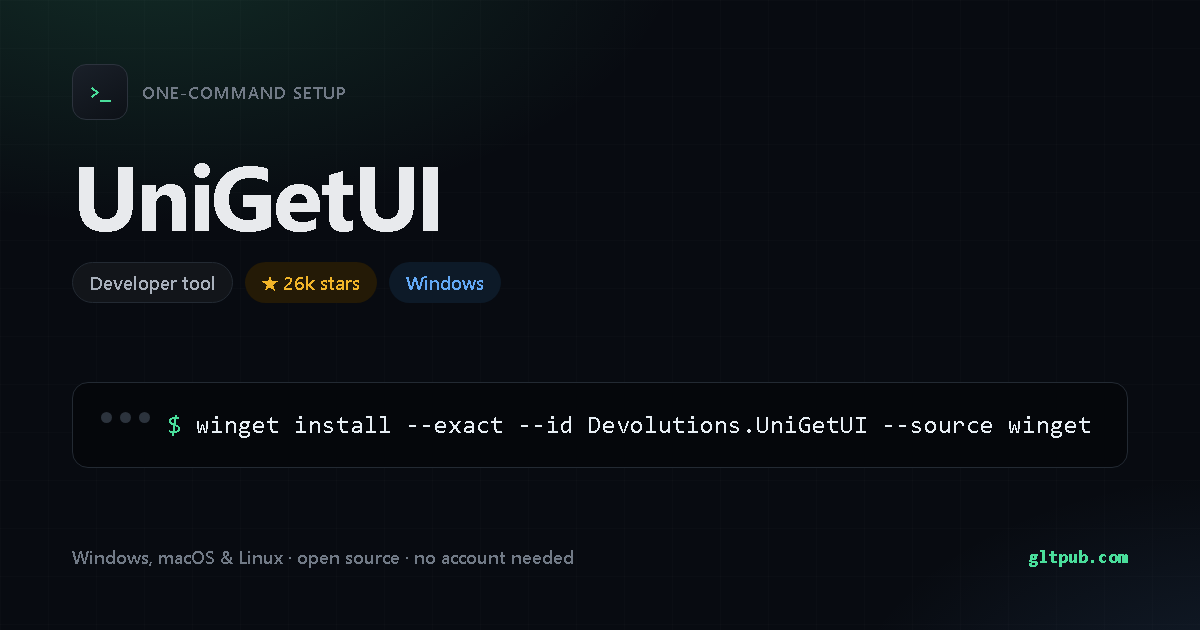 UniGetUI one-command setup card, developer tool, for Windows, 26k stars on the project's repository