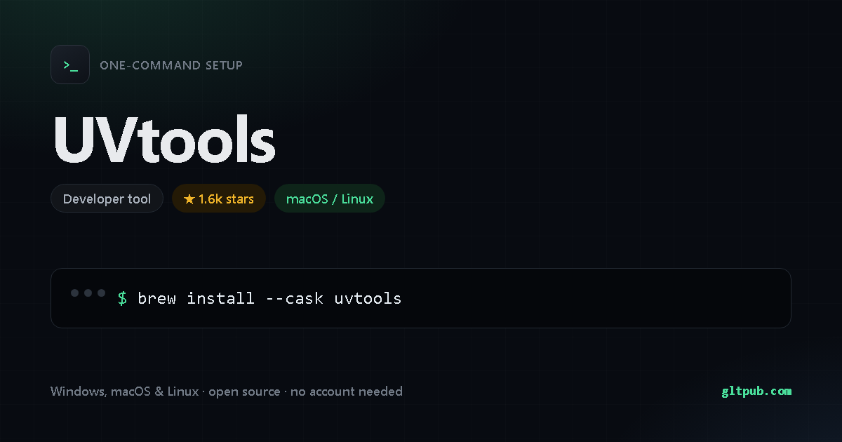 UVtools one-command setup card, developer tool, for macOS and Linux, 1.6k stars on the project's repository
