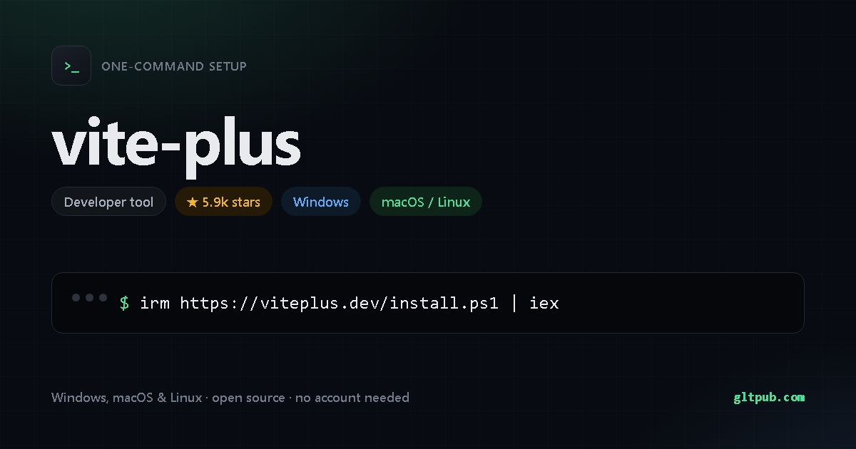 vite-plus one-command setup card, developer tool, for Windows and macOS and Linux, 5.9k stars on the project's repository