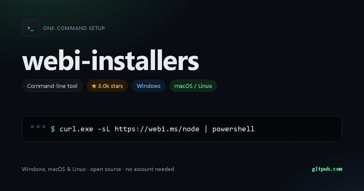 webi-installers one-command setup card, developer tool, for Windows and macOS and Linux, 3.0k stars on the project's repository