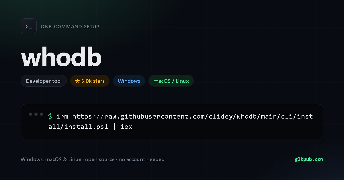 whodb one-command setup card, developer tool, for Windows and macOS and Linux, 5.0k stars on the project's repository