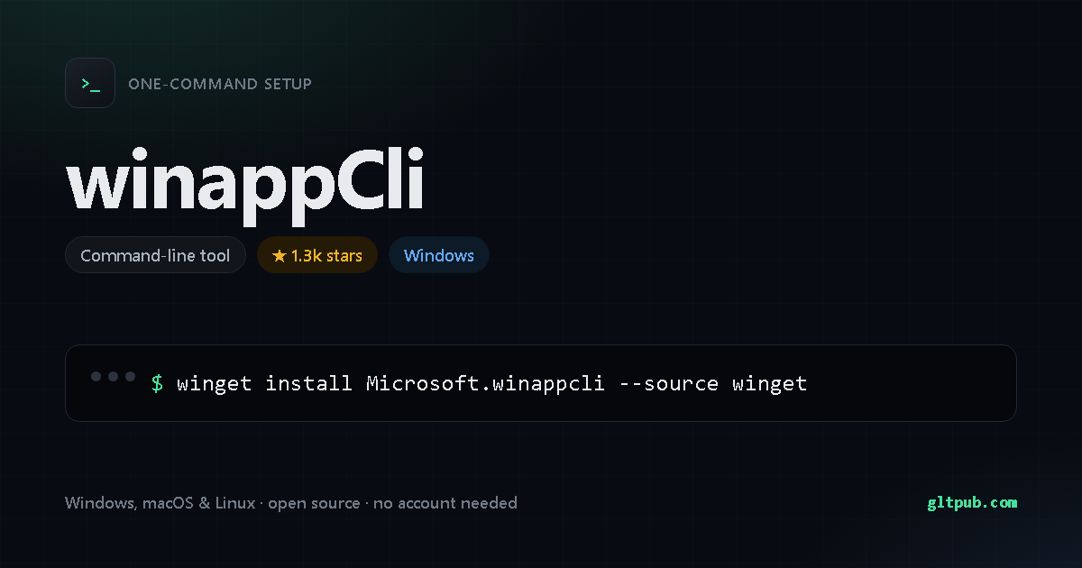winappCli one-command setup card, command-line tool, for Windows, 1.3k stars on the project's repository