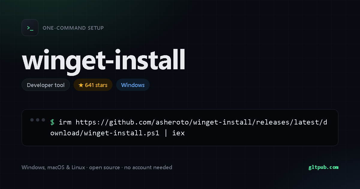 winget-install one-command setup card, developer tool, for Windows, 641 stars on the project's repository