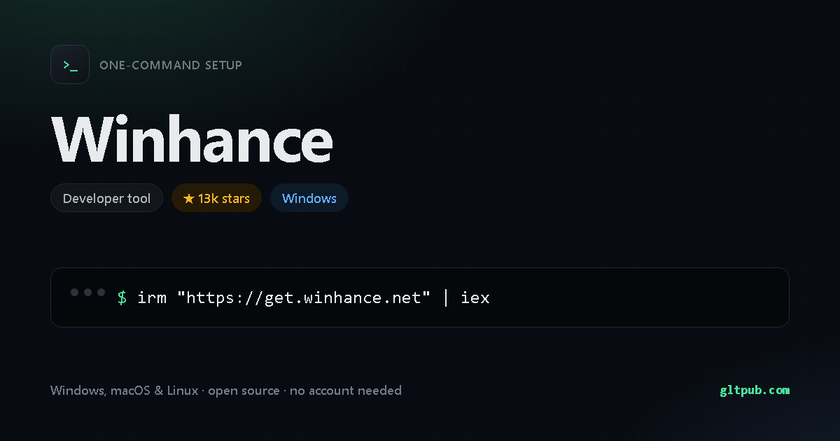 Winhance one-command setup card, developer tool, for Windows, 13k stars on the project's repository