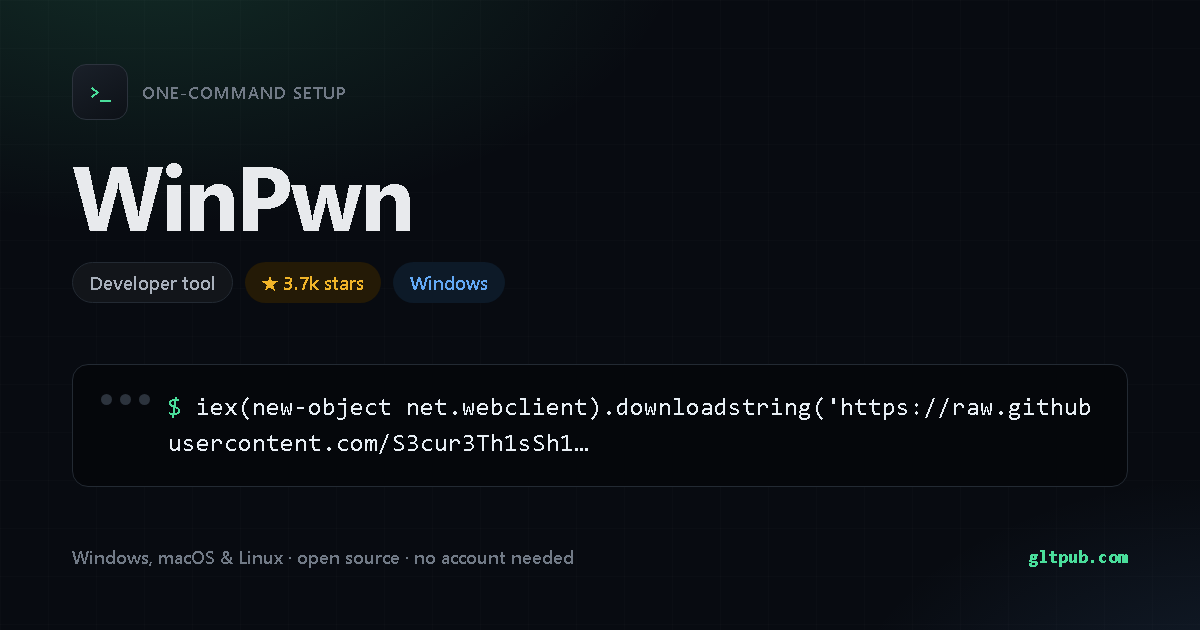 WinPwn one-command setup card, developer tool, for Windows, 3.7k stars on the project's repository