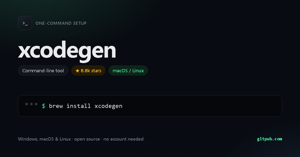 xcodegen one-command setup card, command-line tool, for macOS and Linux, 8.8k stars on the project's repository