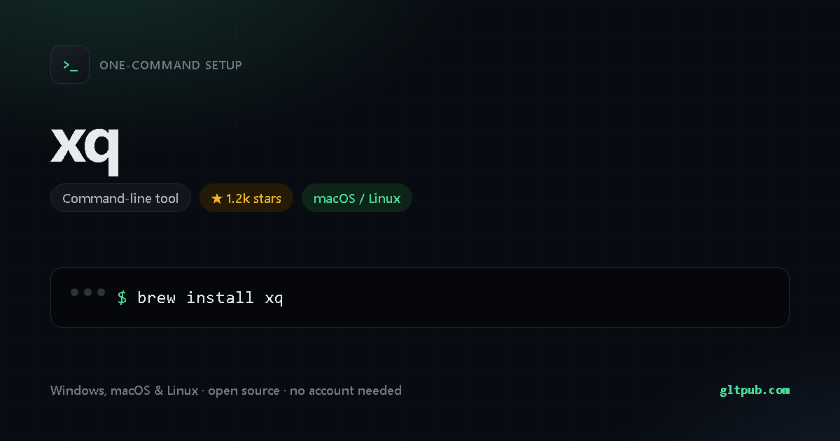 xq one-command setup card, command-line tool, for macOS and Linux, 1.2k stars on the project's repository