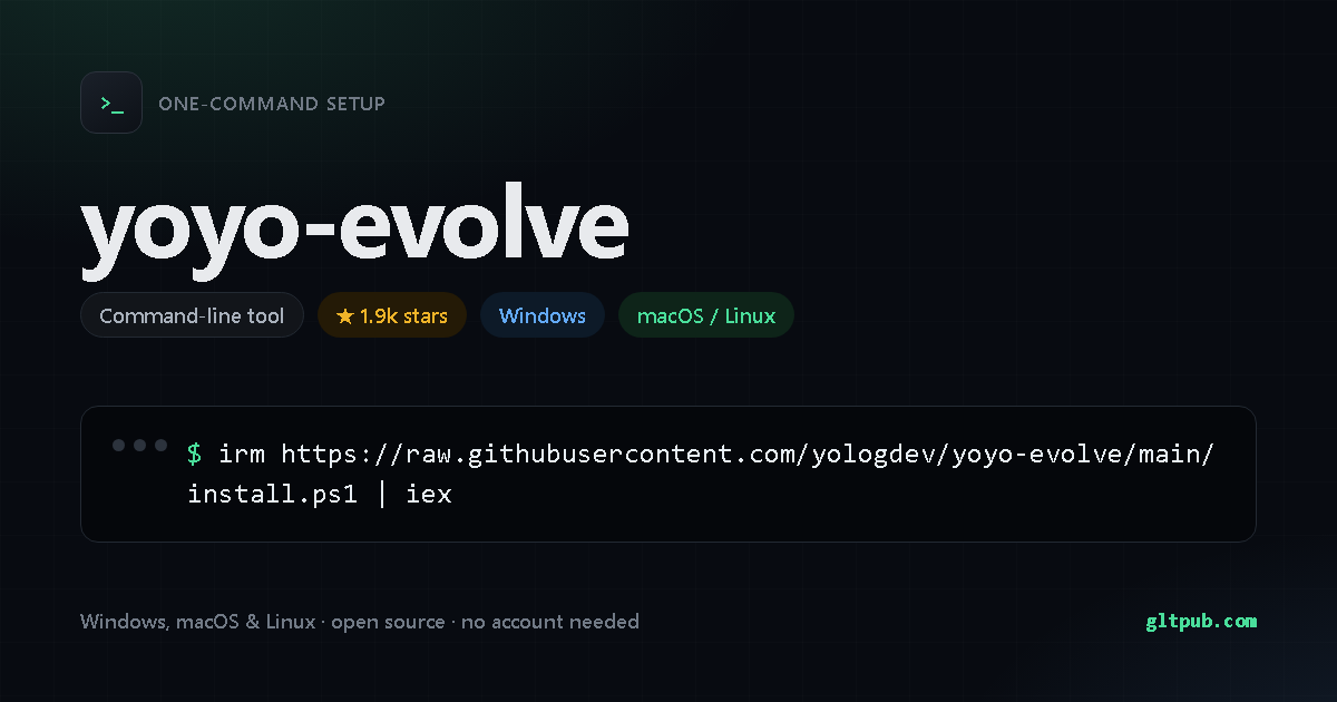 yoyo-evolve one-command setup card, developer tool, for Windows and macOS and Linux, 1.9k stars on the project's repository