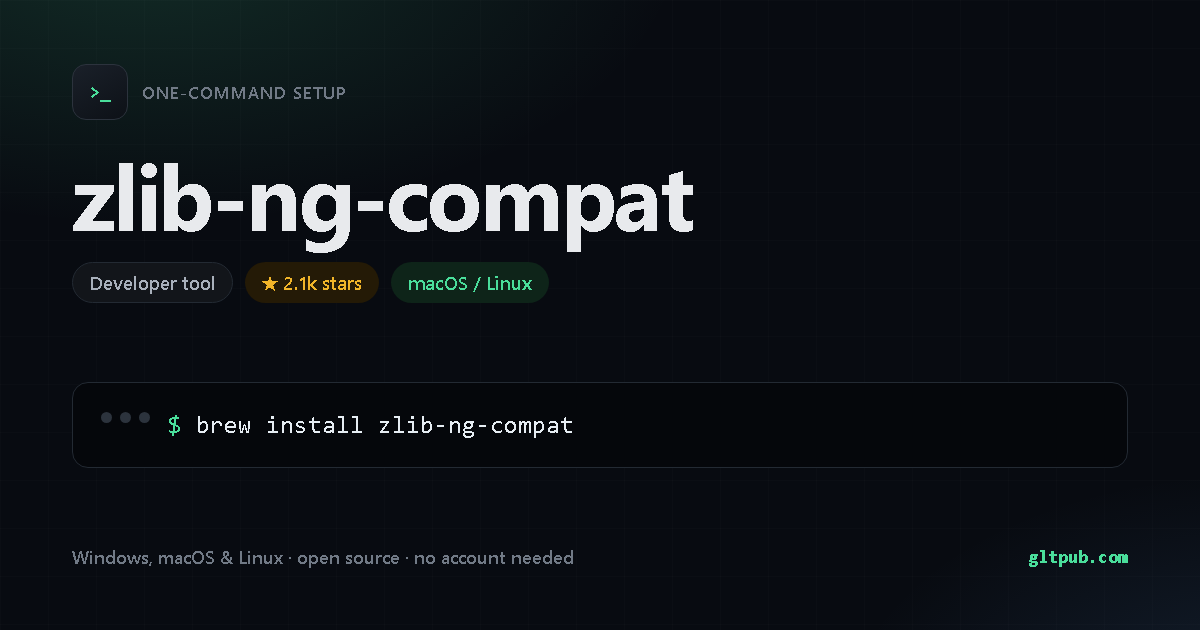 zlib-ng-compat one-command setup card, developer tool, for macOS and Linux, 2.1k stars on the project's repository