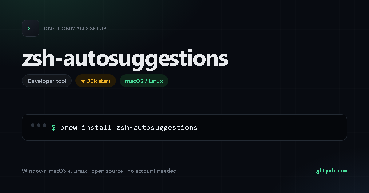 zsh-autosuggestions one-command setup card, developer tool, for macOS and Linux, 36k stars on the project's repository