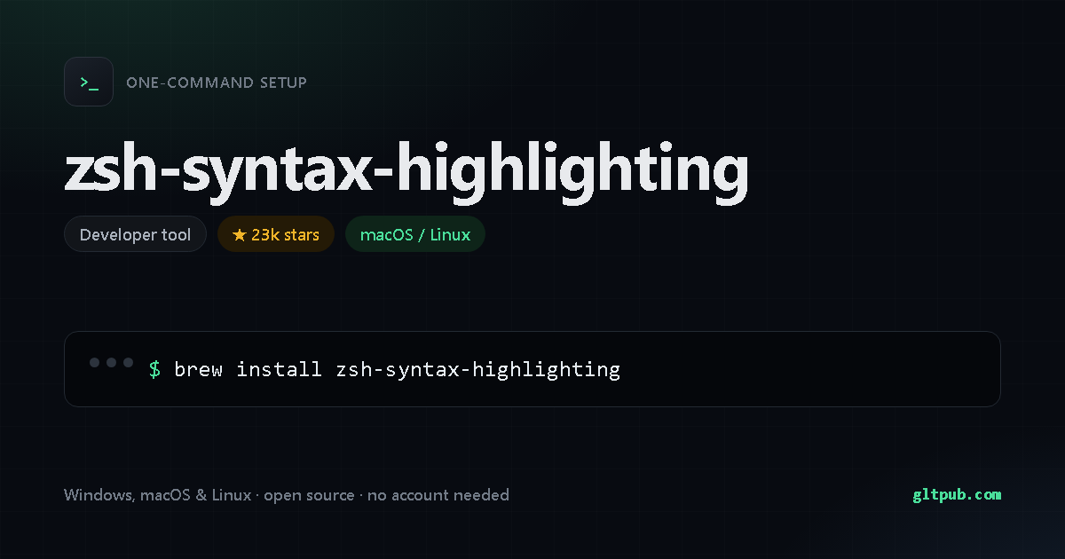 zsh-syntax-highlighting one-command setup card, developer tool, for macOS and Linux, 23k stars on the project's repository