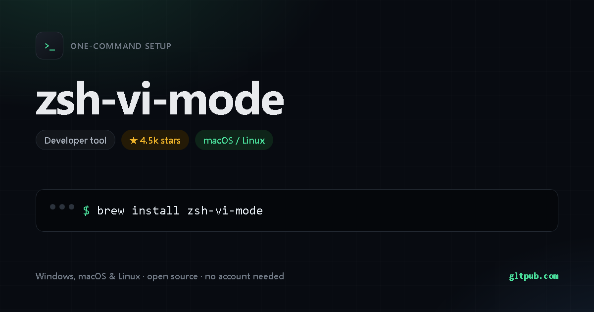 zsh-vi-mode one-command setup card, developer tool, for macOS and Linux, 4.5k stars on the project's repository
